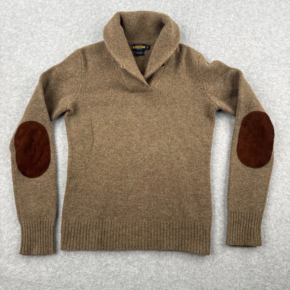 Ralph Lauren Rugby Sweater Mens Small Brown Elbow Patches 100% Wool Shawl Collar